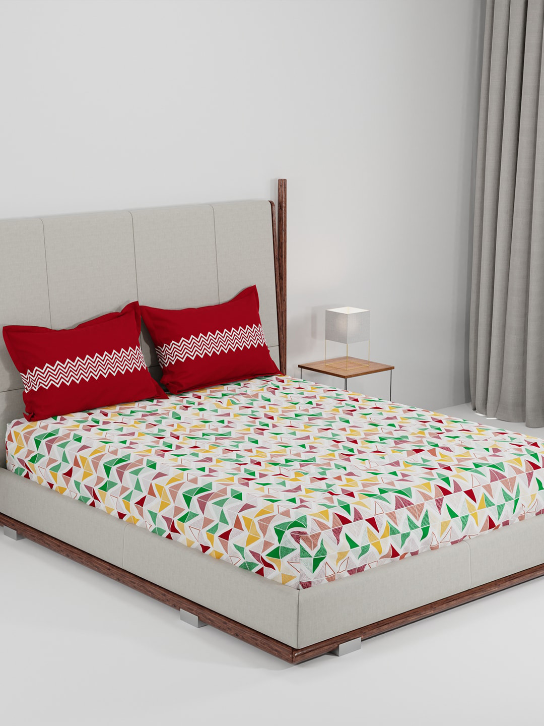 MYTRIDENT Feather Tales Lot 5 Red Geometric Pure Cotton 144 TC Queen Fine Bedsheet with 2 Pillow Covers-90 x 100 inches