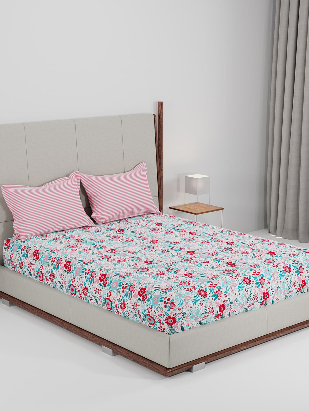 MYTRIDENT Feather Tales Lot 5 Pink Floral Cotton Anti-Microbial 144 TC Fitted Queen Bedsheet with 2 Pillow Covers-228 x 254 cm