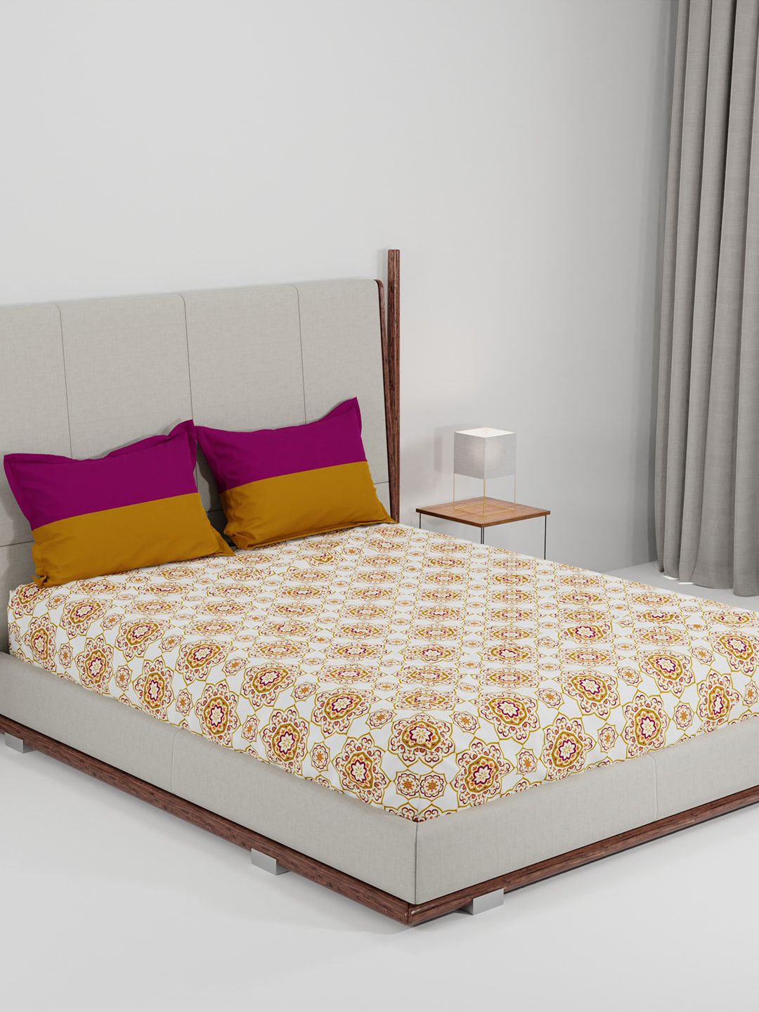 MYTRIDENT Feather Tales Lot 5 Mustard Ethnic Motifs Cotton 144 TC Queen Bedsheet with 2 Pillow Covers-90 x 100 inches