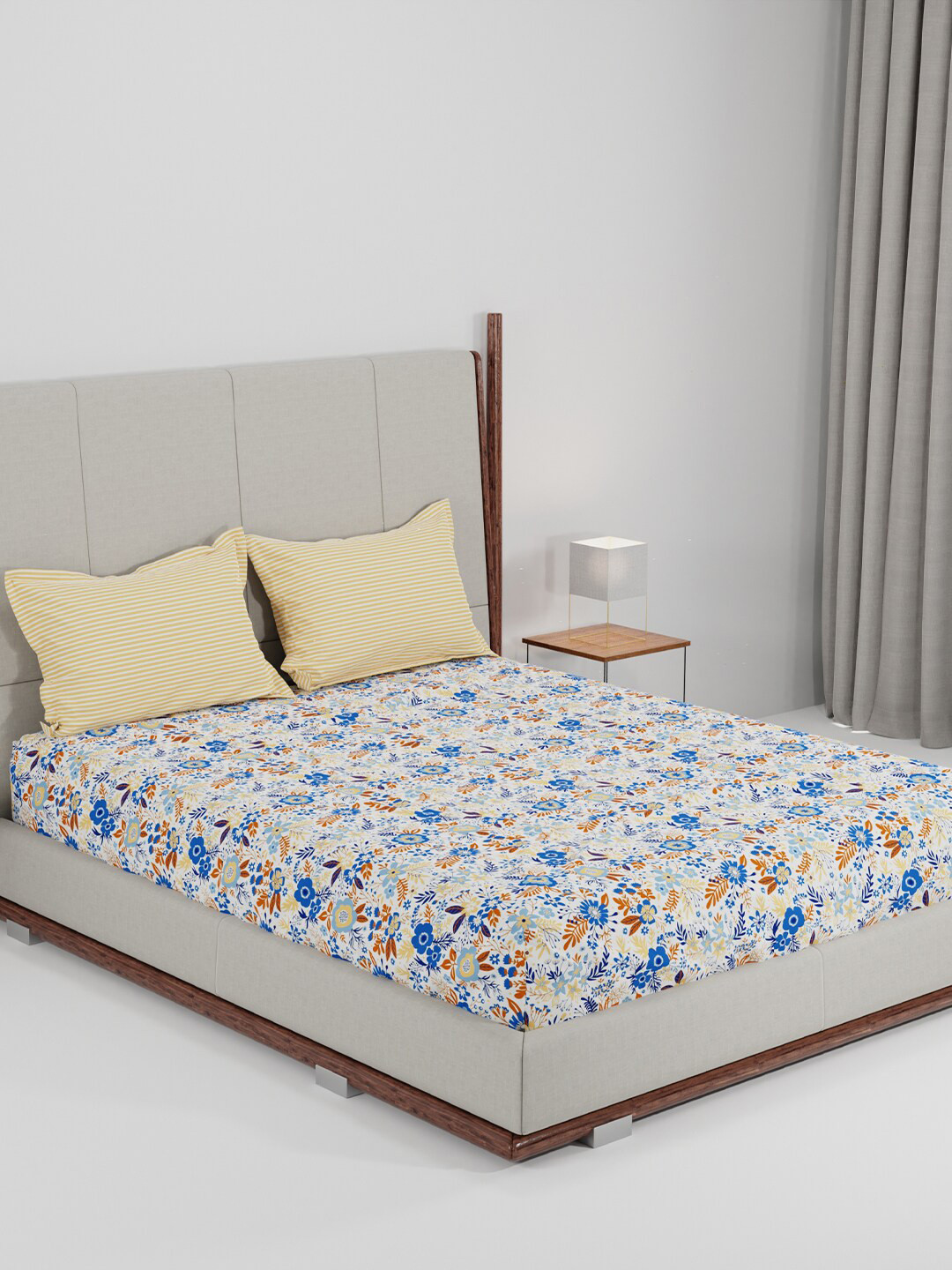 MYTRIDENT Feather Tales Lot 5 Blue Floral Cotton 144 TC Fitted Queen Bedsheet with 2 Pillow Covers-90 x 100 inches