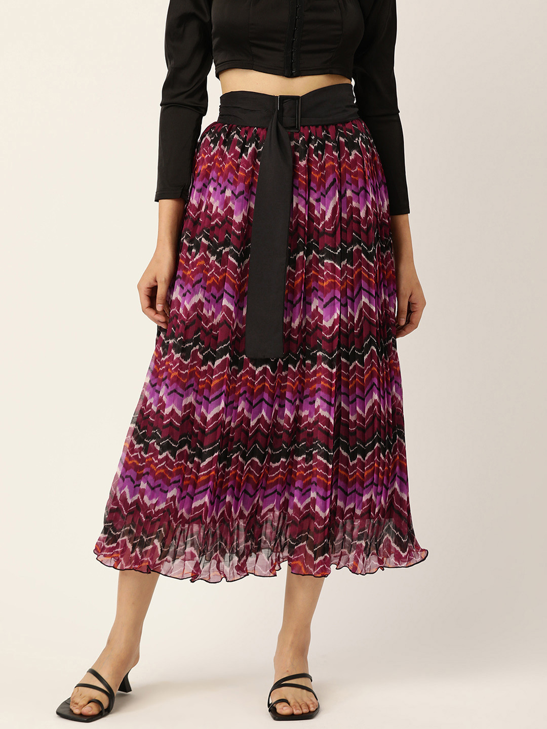 Antheaa Women Pink & Maroon Printed Pleated A-Line Midi Skirt