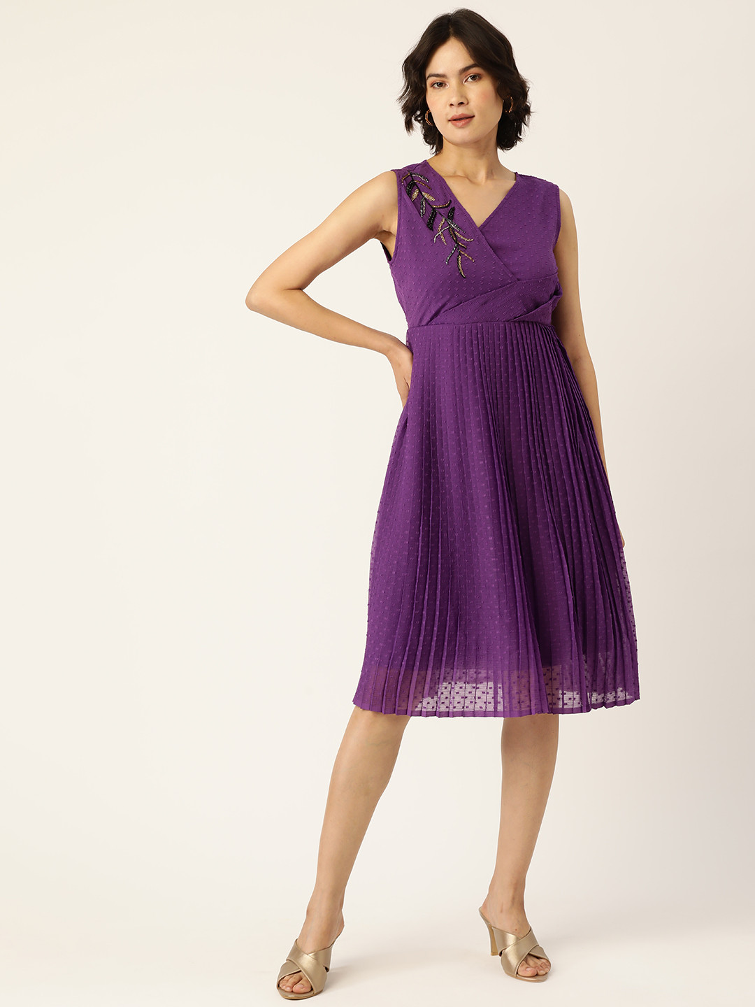 Antheaa Purple Ethnic Motifs Embroidered Chiffon Dress