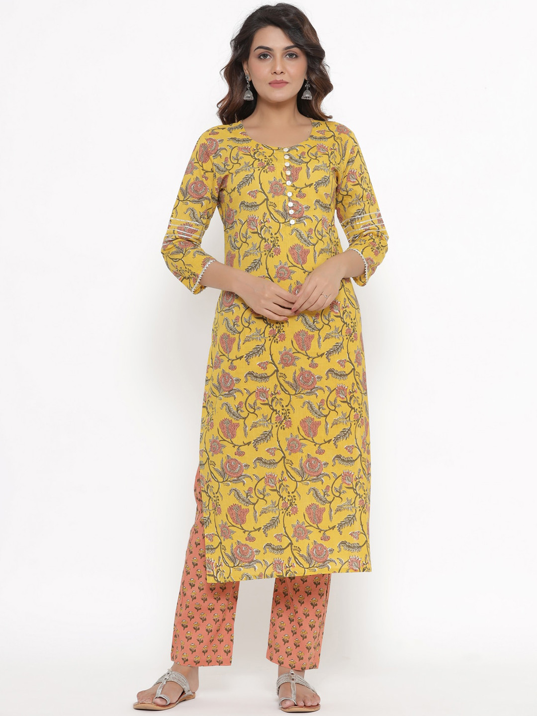 CRAFIQA Women Yellow Floral Printed Pure Cotton Kurti with Palazzos