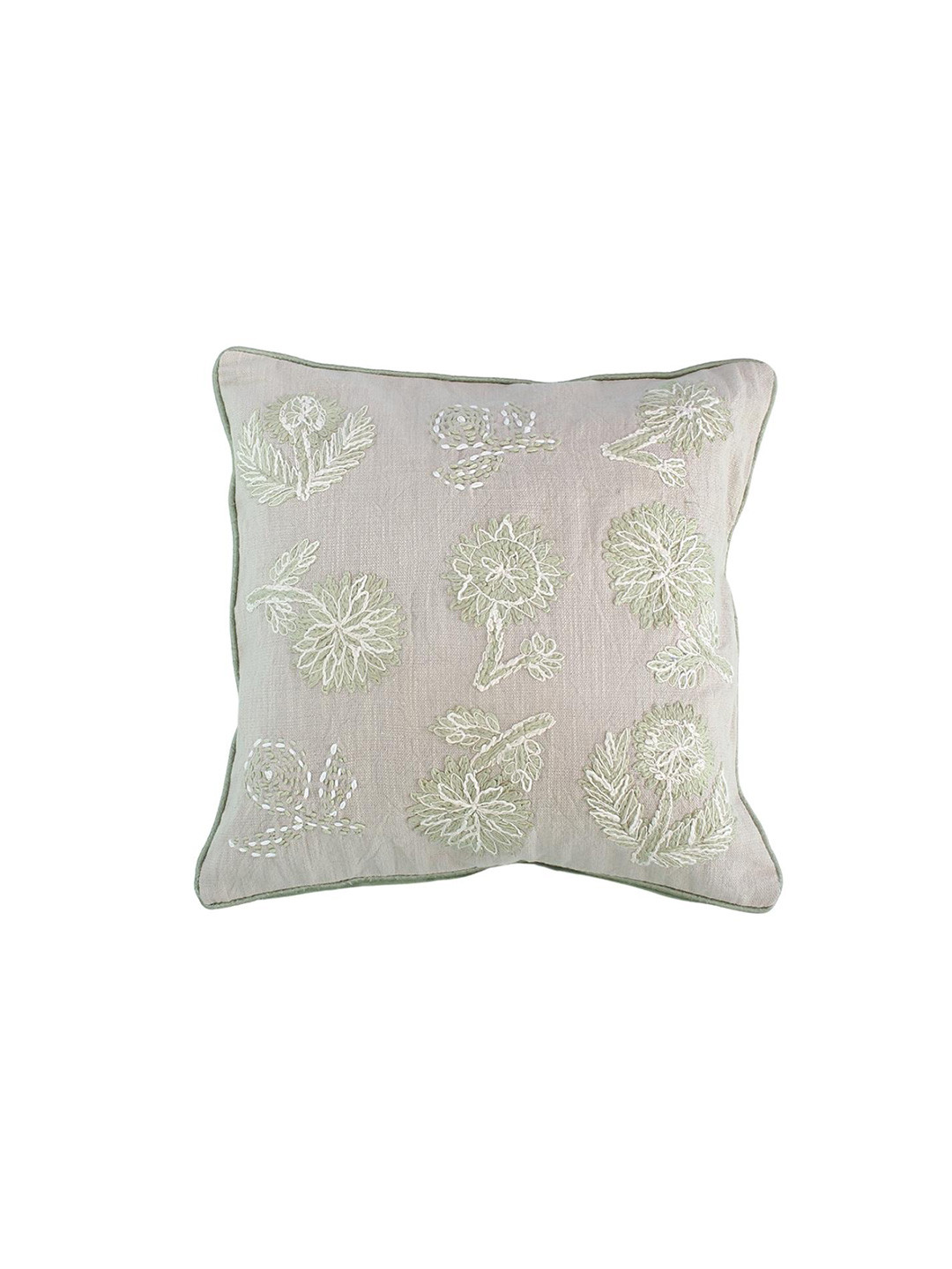The Wishing Chair Beige Floral Cotton Breathable Embroidered Square Cushion Cover -16x16In