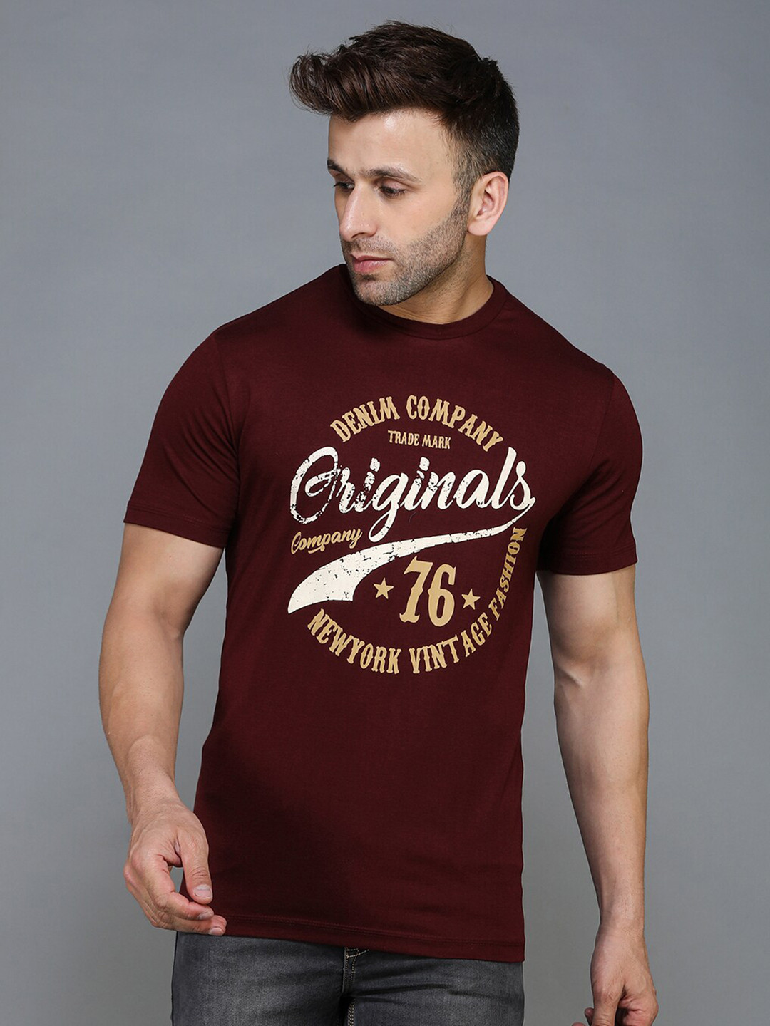 TQS Men Maroon Typography Printed Applique T-shirt