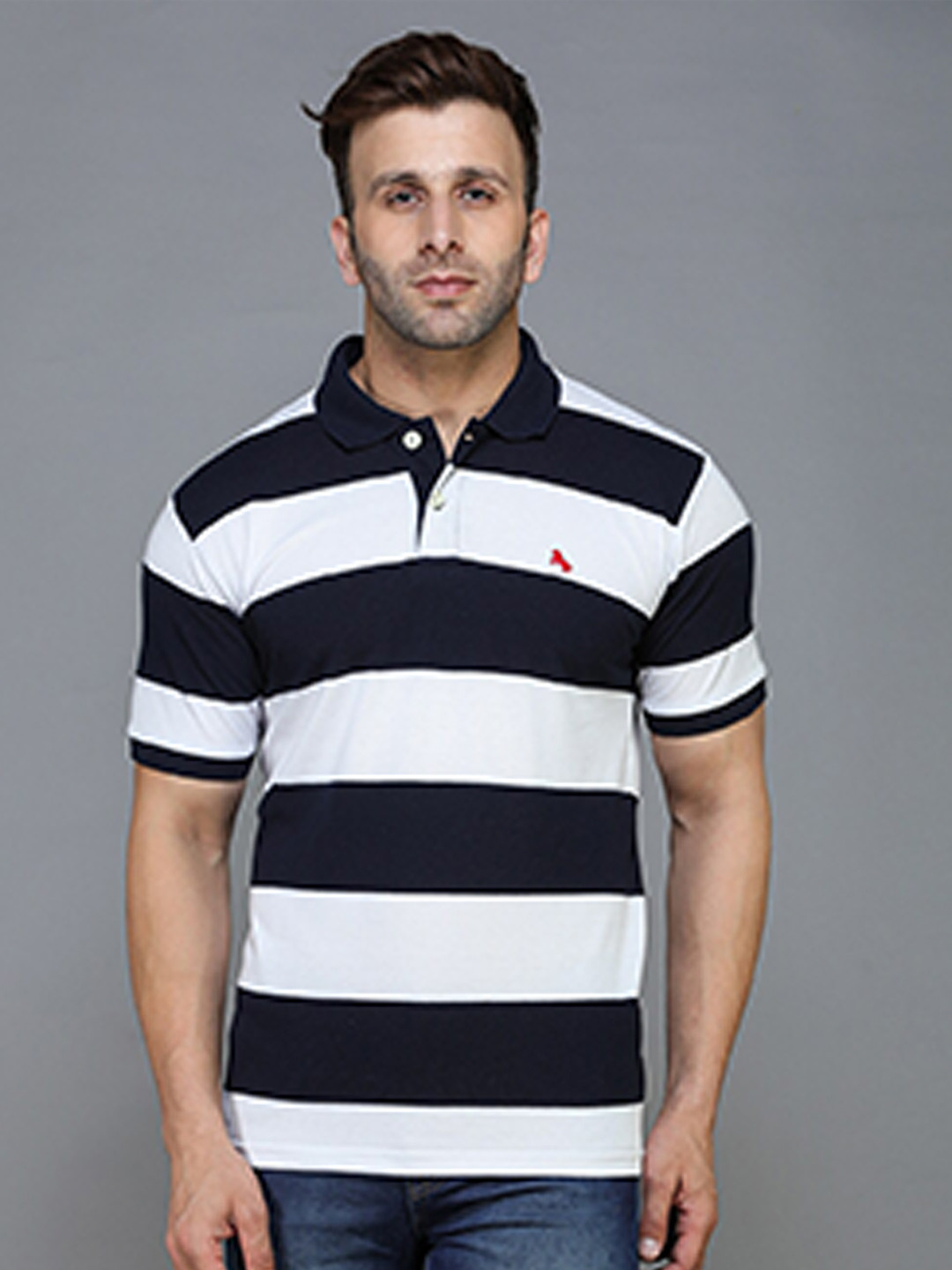 TQS Men Navy Blue & french middle red purple Striped Polo Collar Applique T-shirt