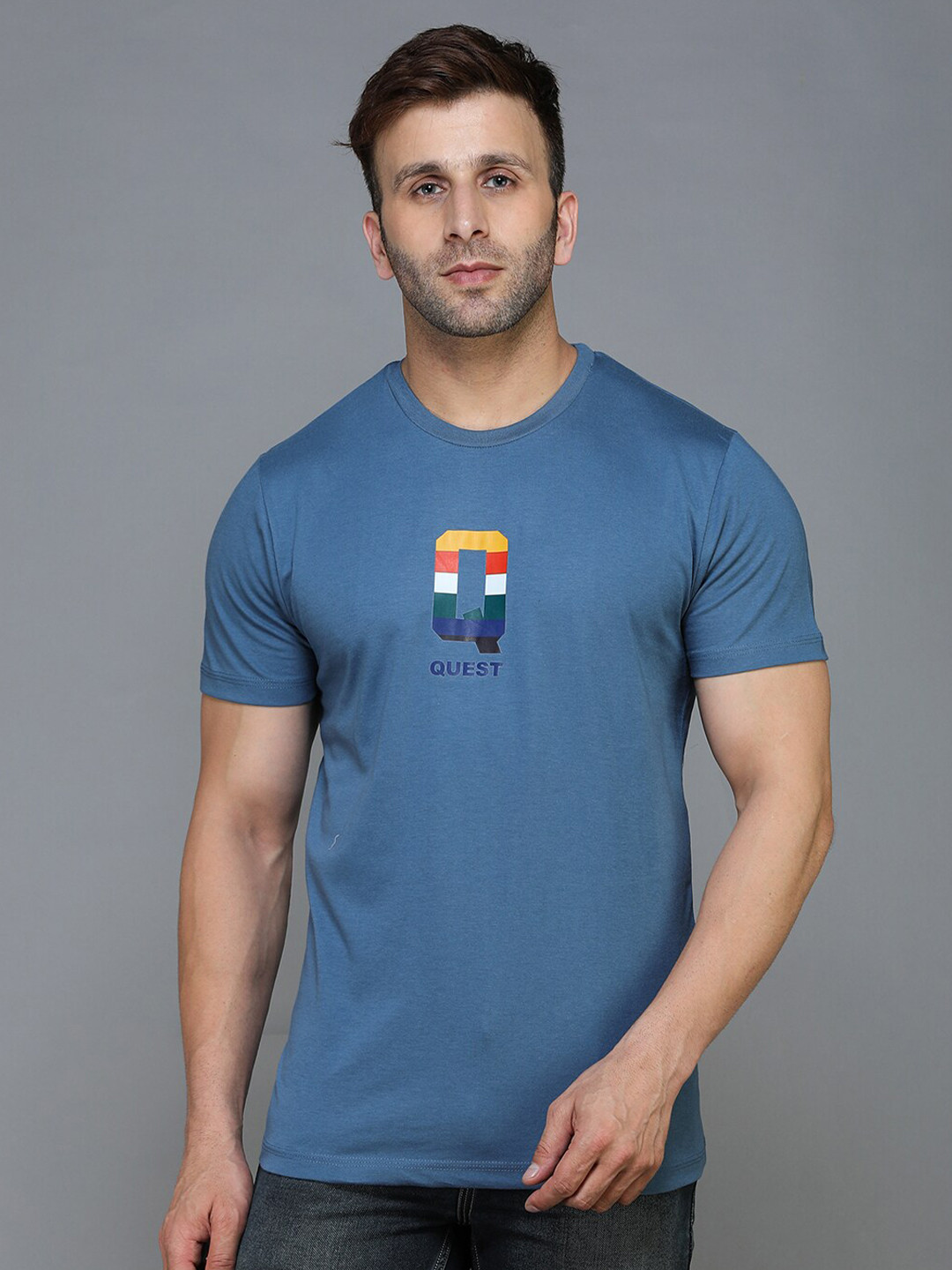 TQS Men Blue & seaport Printed Applique T-shirt