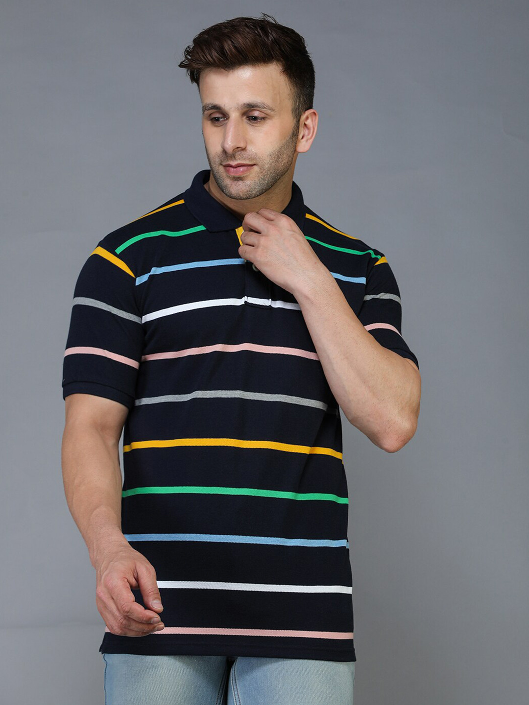 TQS Men Multicoloured Striped Polo Collar T-shirt