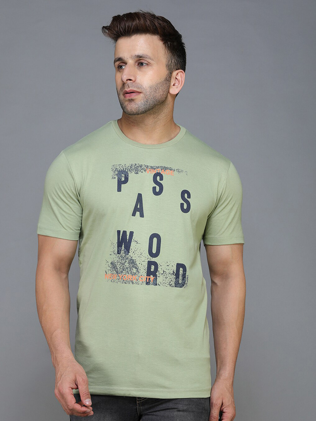 TQS Men Olive Green Typography Printed Raw Edge T-shirt