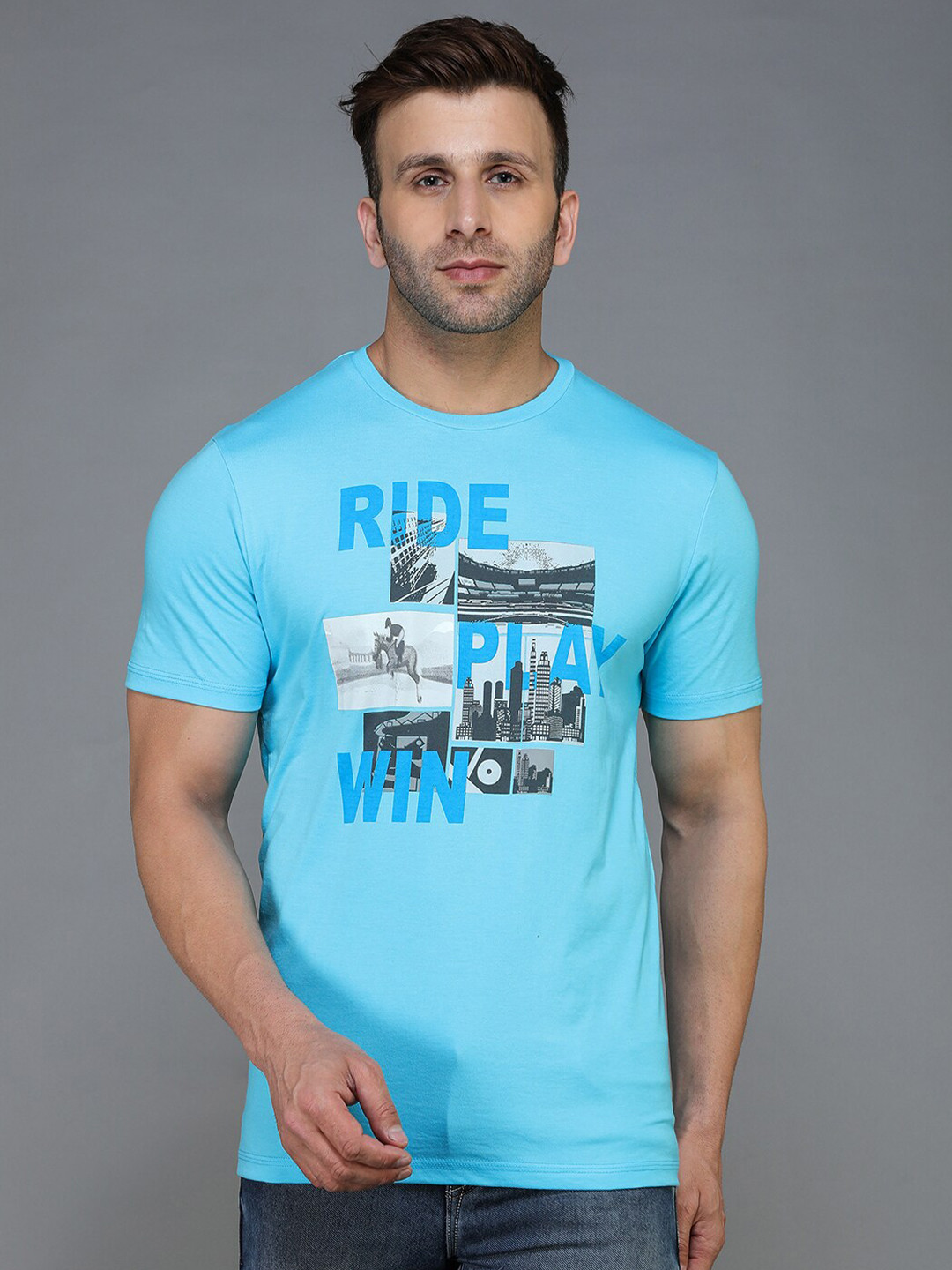 TQS Men Blue & sky blue Typography Printed T-shirt