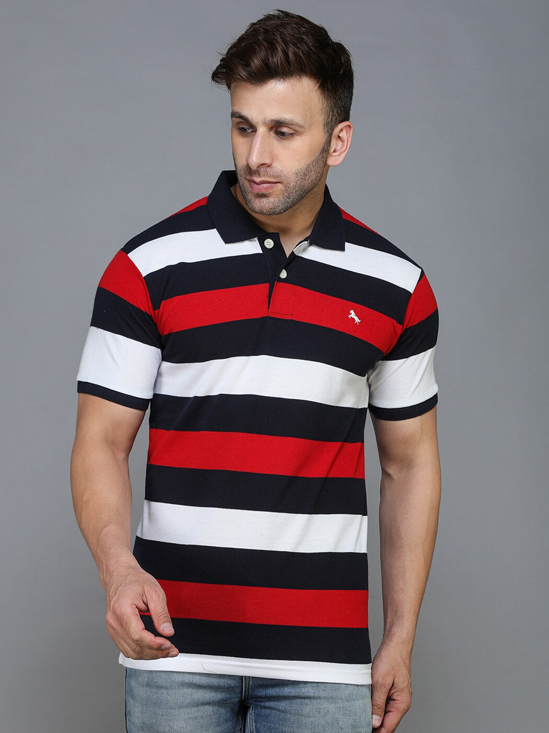 TQS Men Red & french middle red purple Striped Polo Collar T-shirt