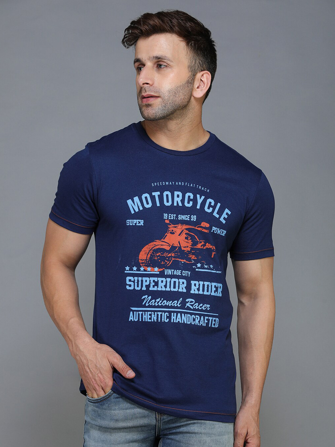 TQS Men Blue & space cadet Typography Printed T-shirt