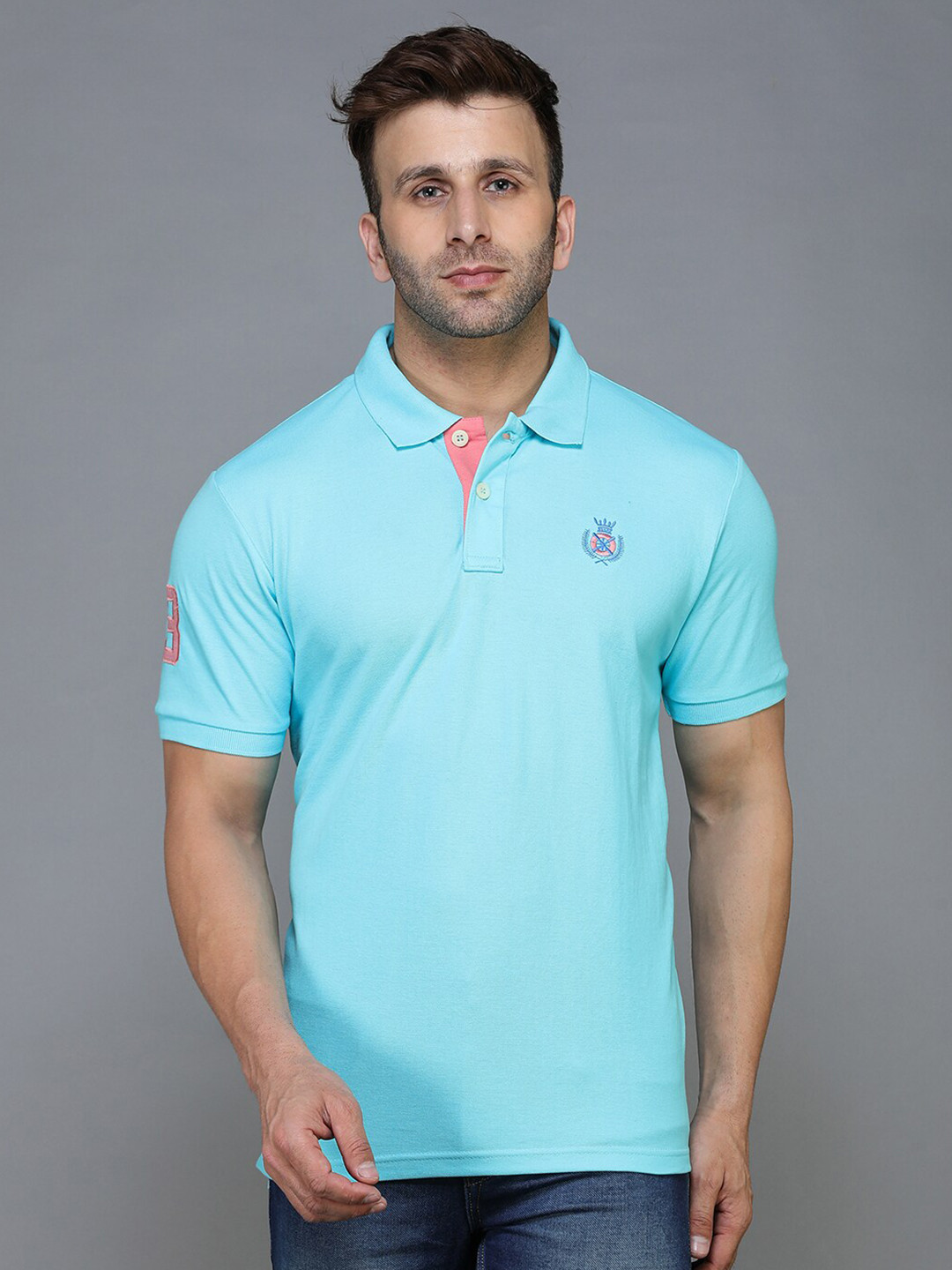 TQS Men Blue & pale taupe Polo Collar Applique T-shirt