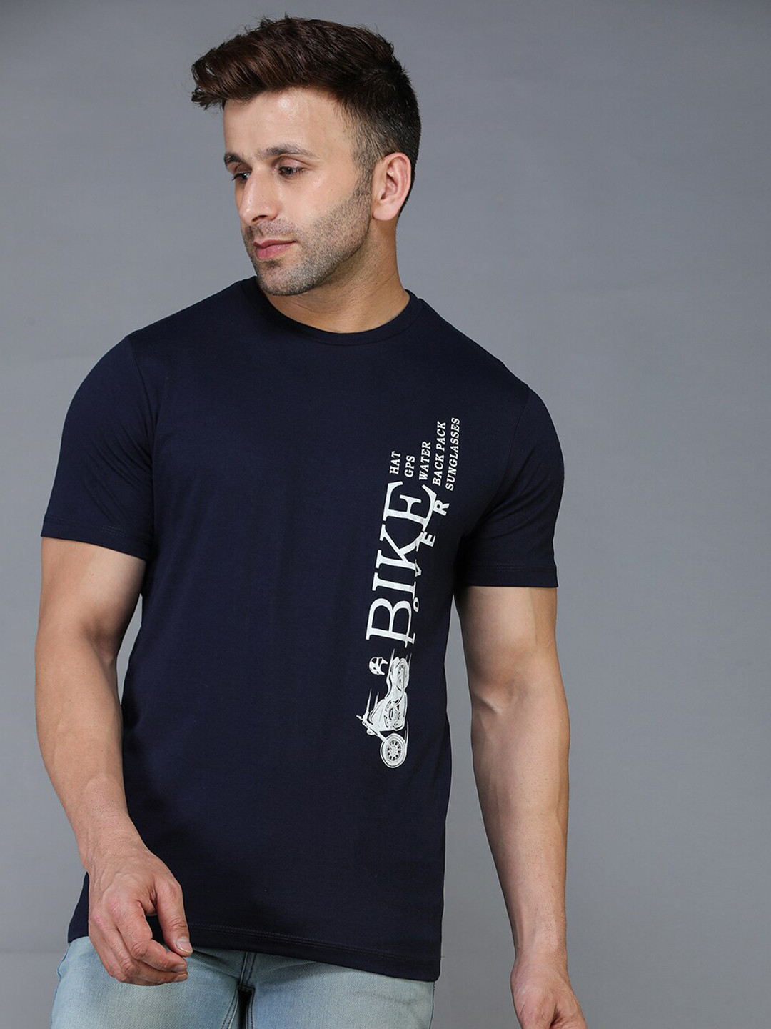 TQS Men Navy Blue & french middle red purple Typography Printed Raw Edge T-shirt
