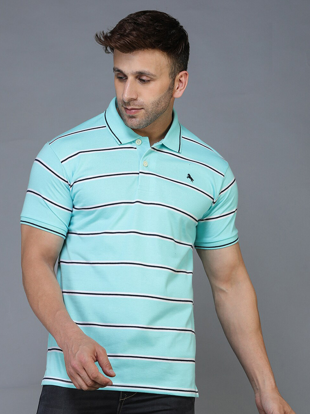 TQS Men Green Striped Polo Collar T-shirt