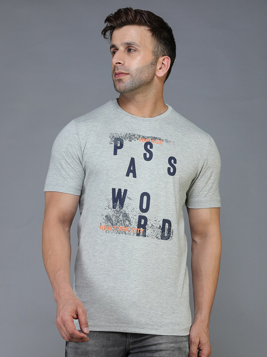 TQS Men Grey & sky gray Typography Printed Raw Edge T-shirt