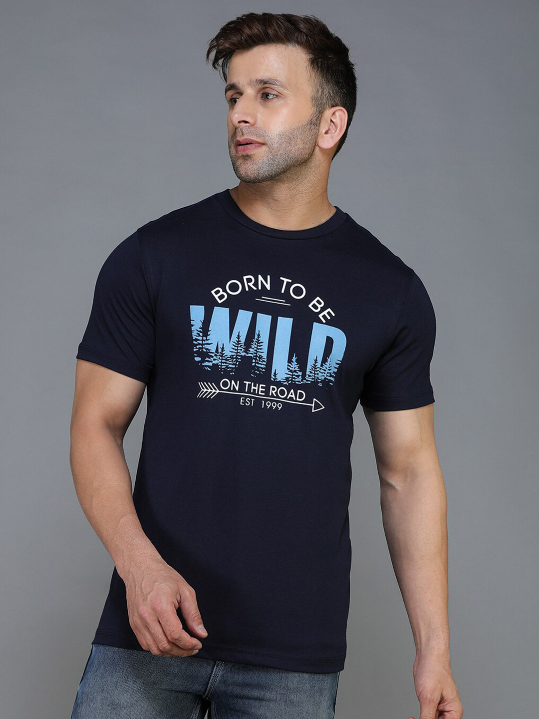 TQS Men Navy Blue & french middle red purple Typography Printed Applique T-shirt