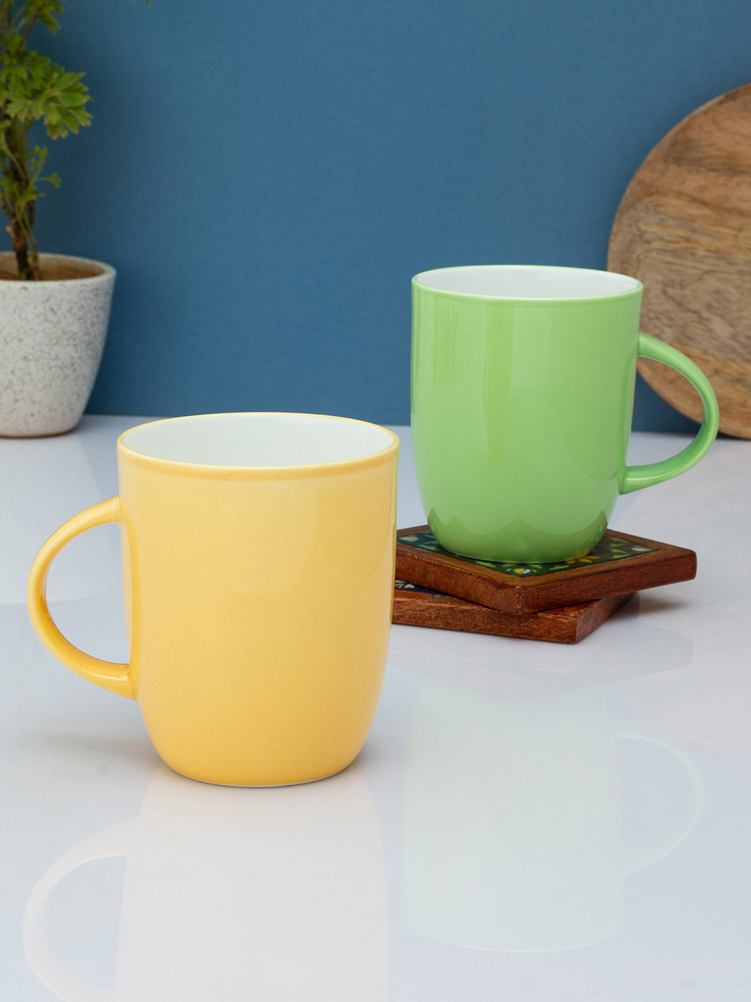 CLAY CRAFT Green & Yellow Solid Ceramic Glossy Mugs Set of Cups and Mugs