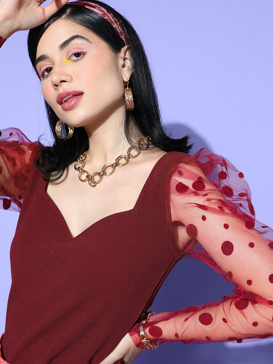 Berrylush Charming Maroon Solid Such a Mesh Top