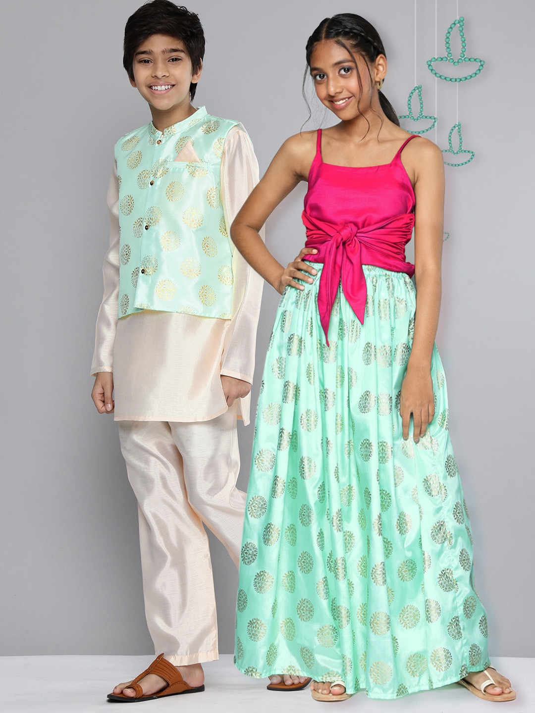 YK Girls Fuchsia & Mint Green Sibling Collection Ready to Wear Lehenga & Choli