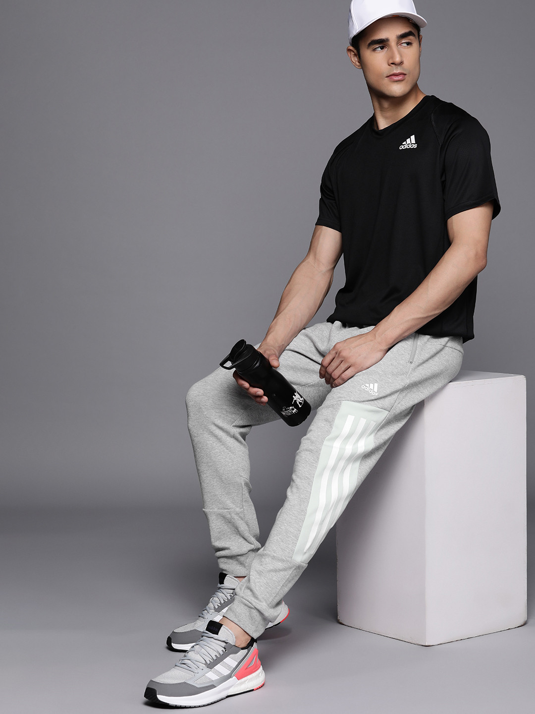 ADIDAS Men Grey Melange 3-Stripes Track Pants