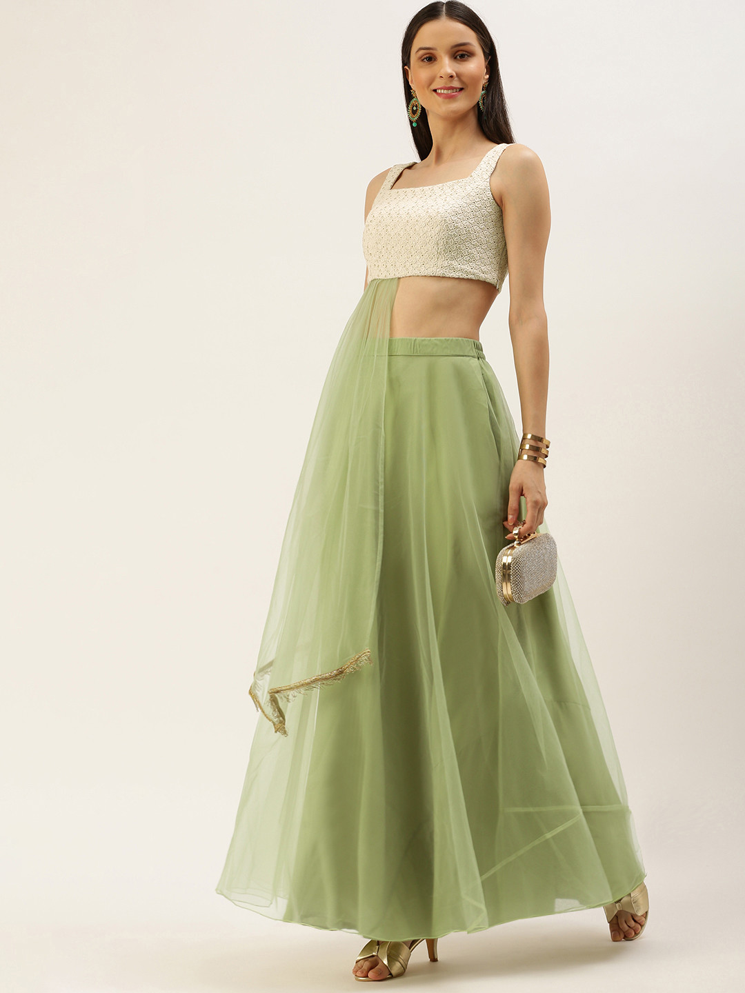 Ethnovog Off White  Green Embroidered Ready to Wear Lehenga