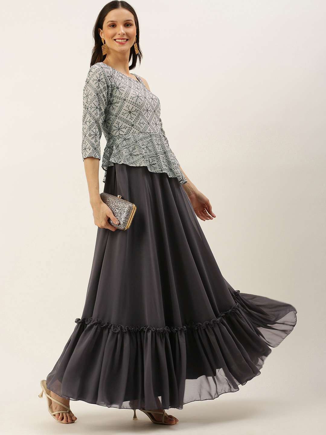 Ethnovog Women Grey  Black Georgette A-Line Maxi Made To Measure Dress