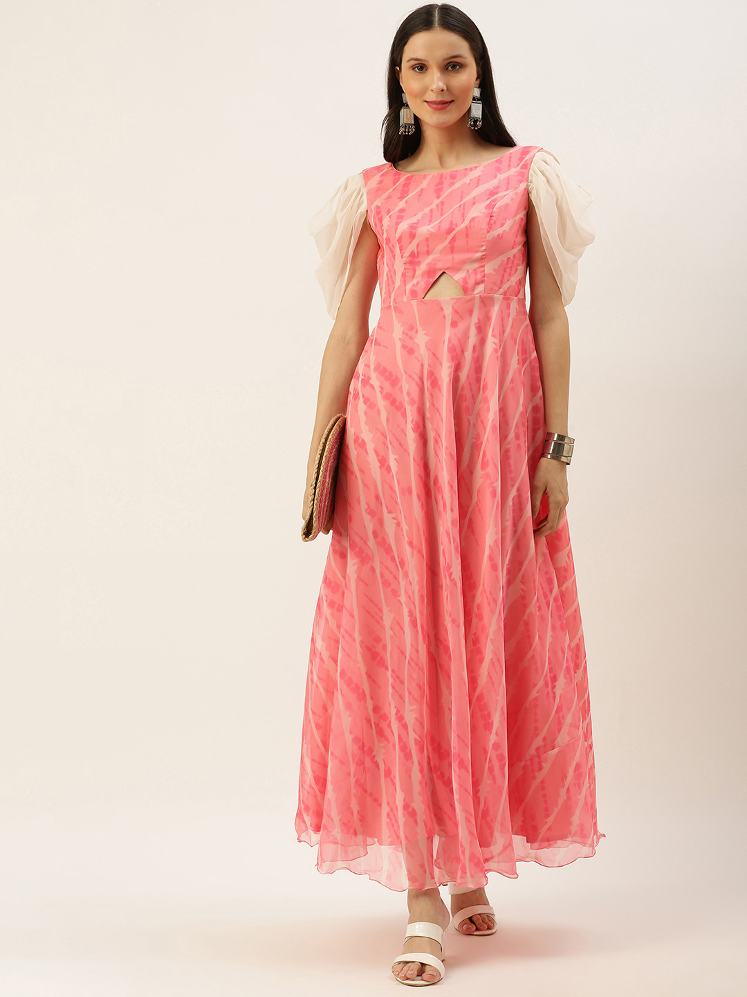 Ethnovog Women Pink  Off White A-Line Maxi Made To Measure Dress