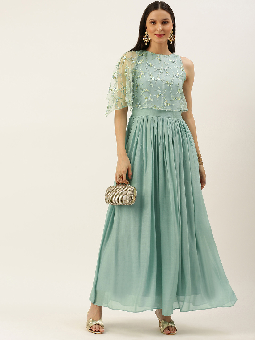 Ethnovog Women Green  Silver Made To Measure Sequin Embellished Gown