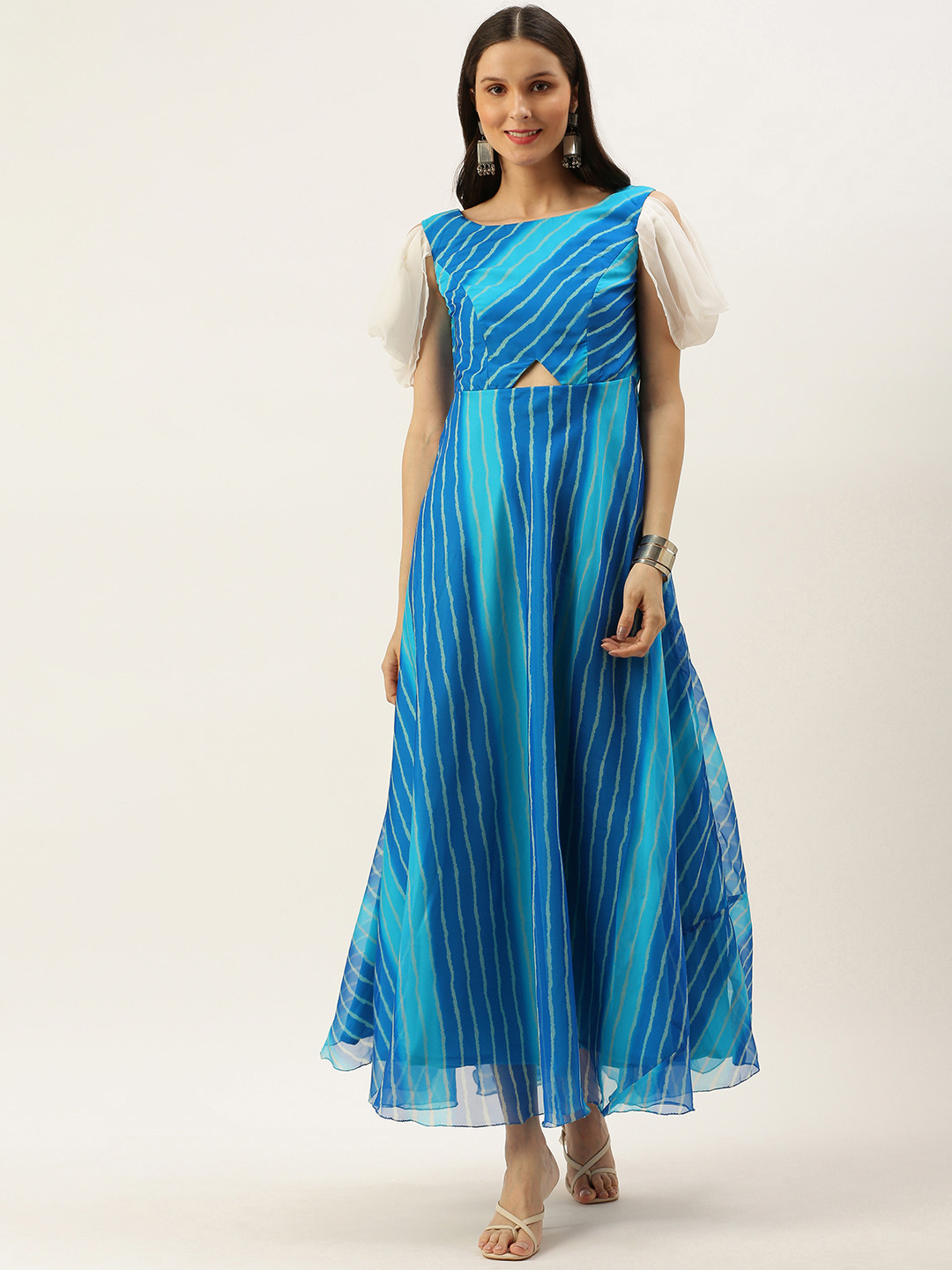 Ethnovog Women Blue  White Striped A-Line Maxi Made To Measure Dress