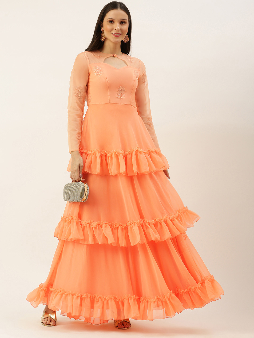 Ethnovog Women Peach-Coloured Made To Measure rganza Embroidered Layered Gown