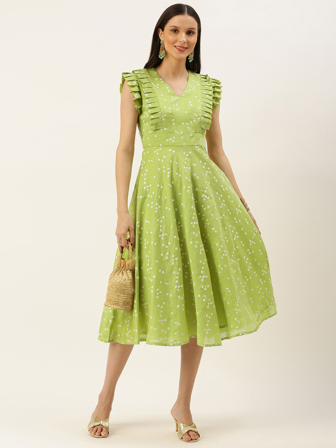 Ethnovog Green Made To Measure Pure Cotton Floral A-Line Midi Dress