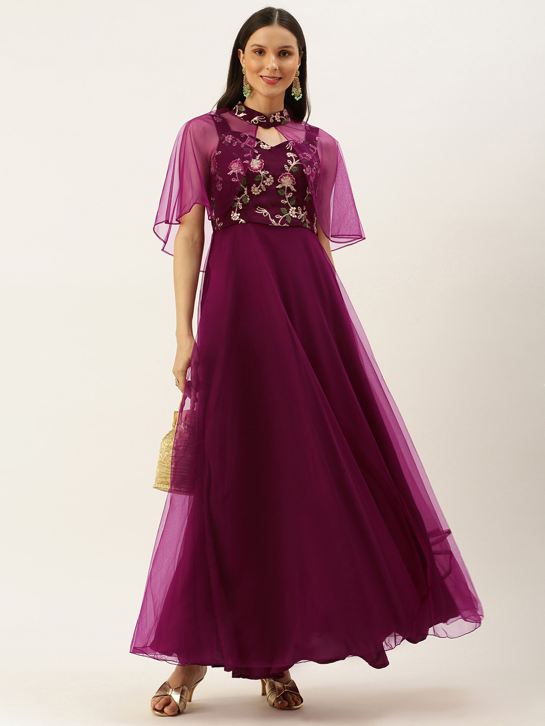 Ethnovog Women Magenta  Gold-Toned Floral Embroidered Made To Measure Dress with Shrug