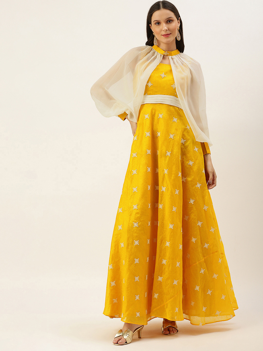 Ethnovog Women Yellow  Off White Floral A-Line Maxi Made to Measure Dress with Shrug