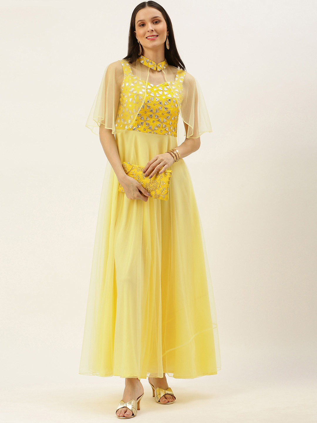 Ethnovog Women Yellow Made To Measure Embroidered Gown With Cape