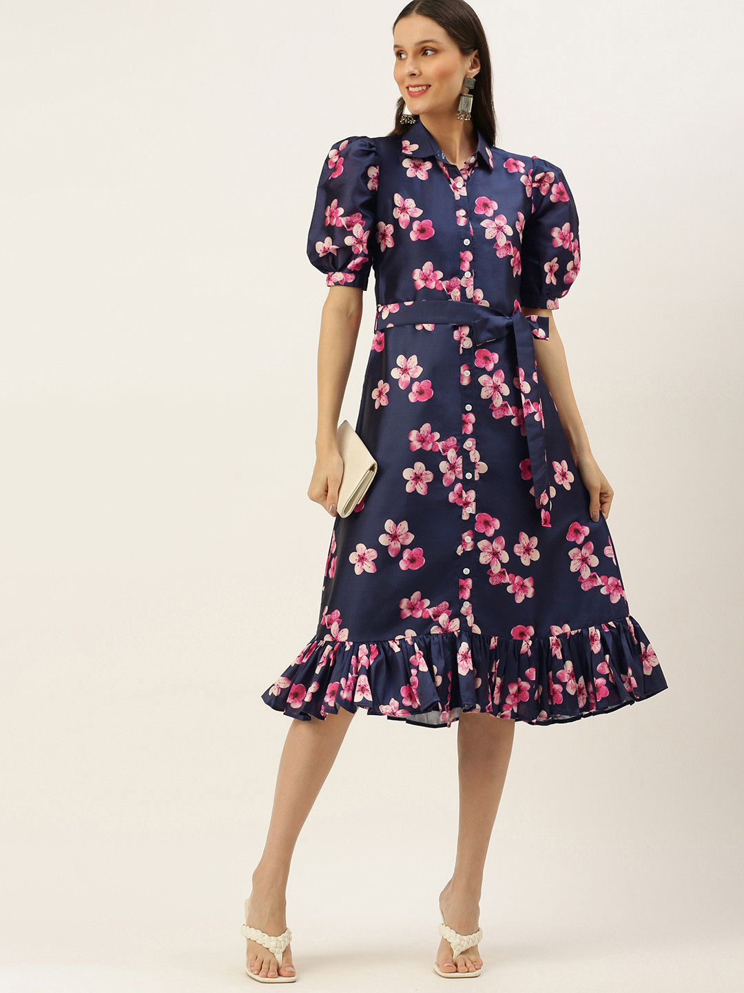 Ethnovog Navy Blue  Pink Made To Measure Floral Shirt Dress