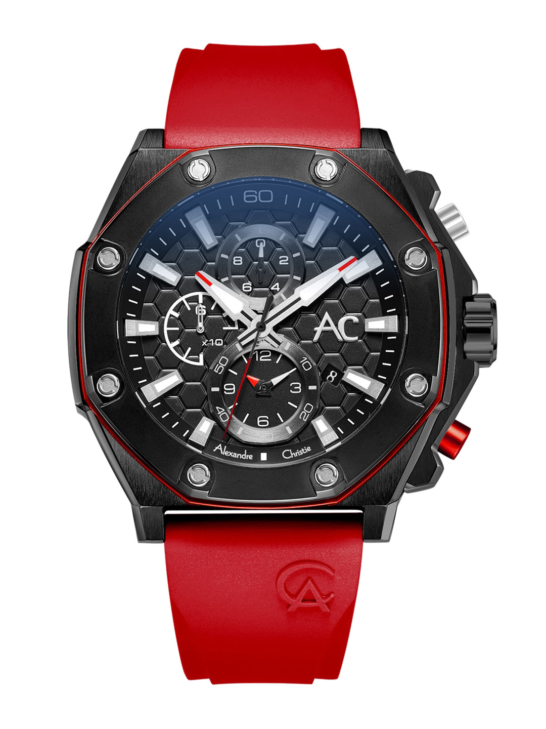 Alexandre Christie Men Black Dial & Red Textured Straps Analogue Watch 9601MCRIPBARE