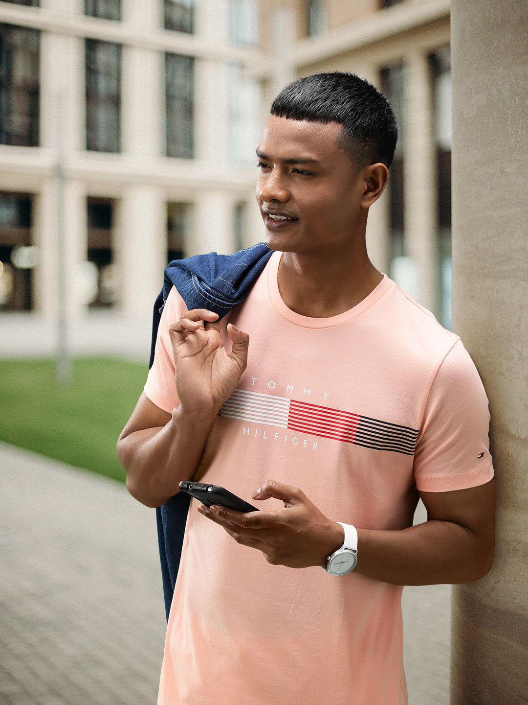 Tommy Hilfiger Men Peach-Coloured Brand Logo Printed Pure Cotton Slim Fit T-shirt