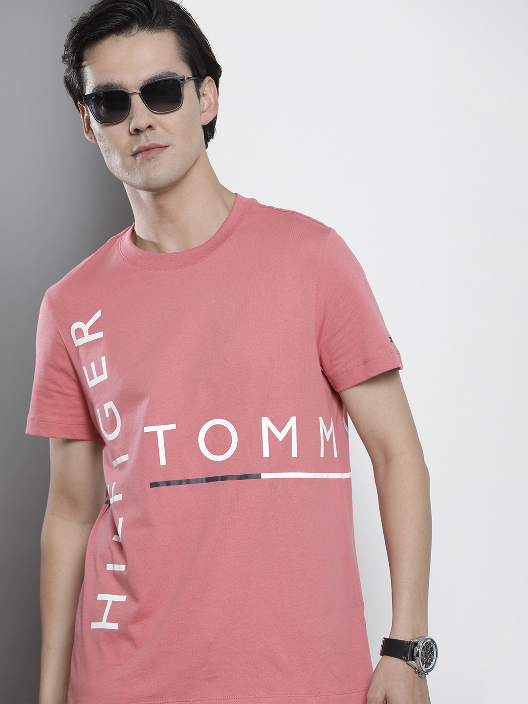 Tommy Hilfiger Men Pink Brand Logo Printed Slim Fit T-shirt