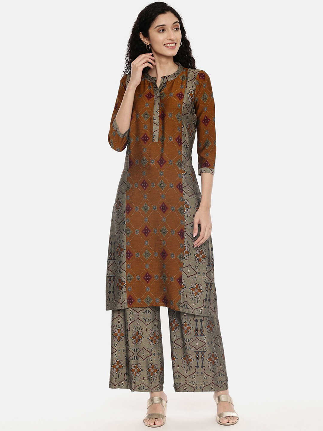R&B Women Yellow Printed Kurti with Palazzos