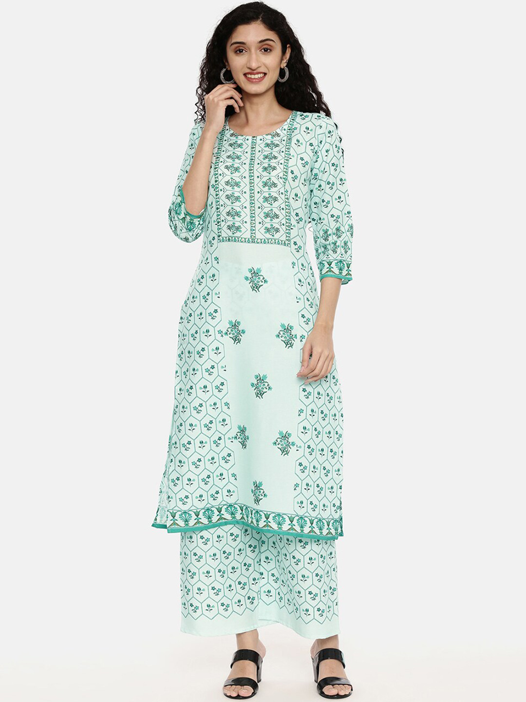 R&B Women Green Floral Printed Pure Cotton Kurti with Palazzos & With Dupatta