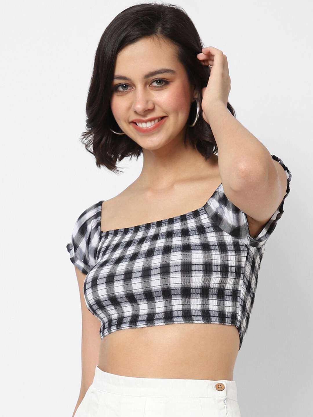 VASTRADO Black Checked Crop Top