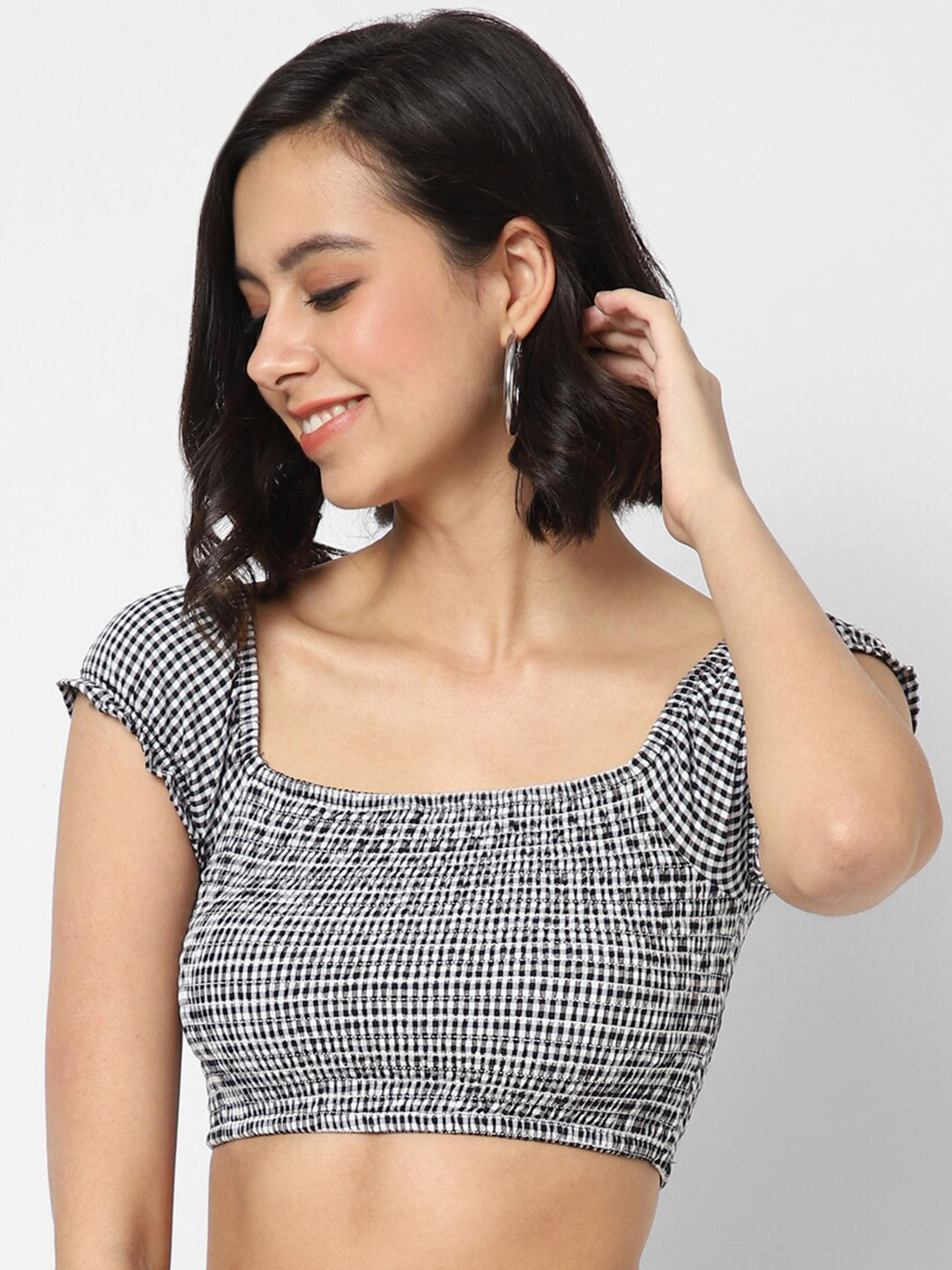 VASTRADO Black & gray Checked Crop Top