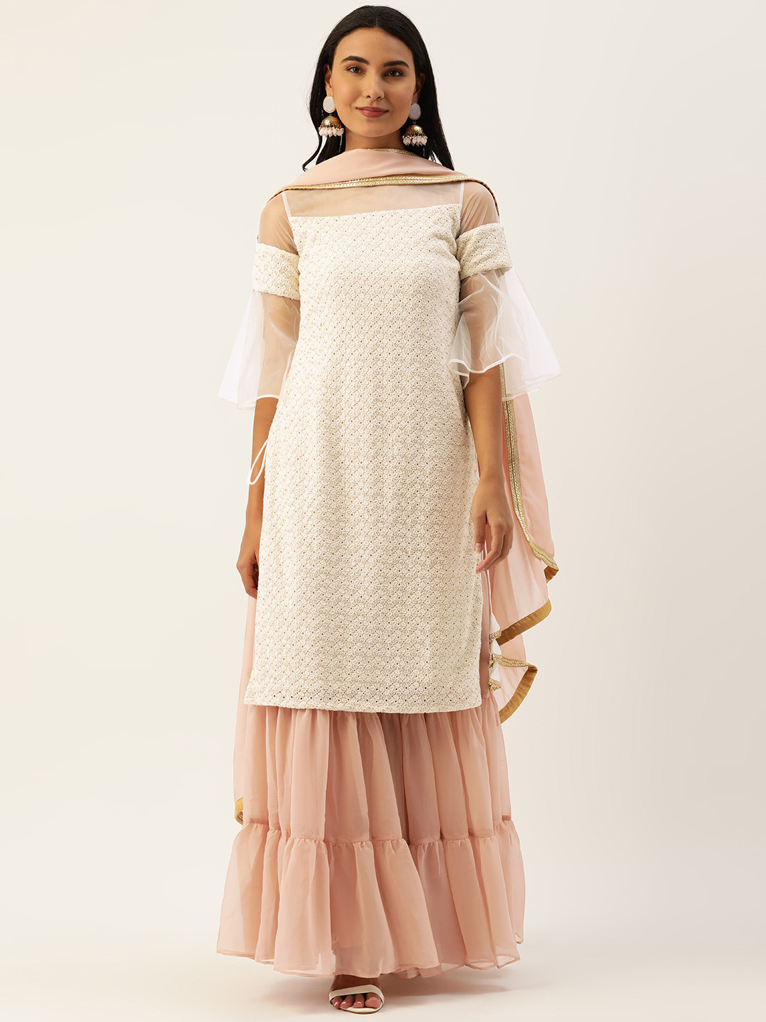 Ethnovog Off White  Peach Made To Measure Sequinned Straight Kurta Sharara Dupatta