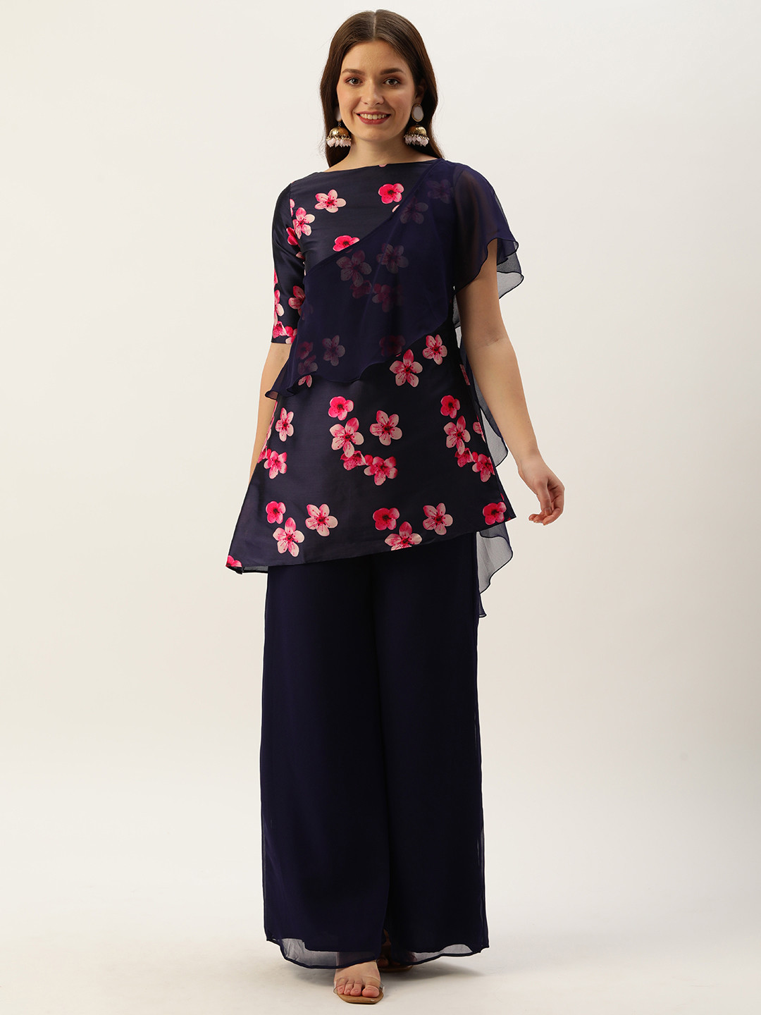 Ethnovog Women Navy Blue  Pink Floral Print Made To Measure Kurti with Palazzos