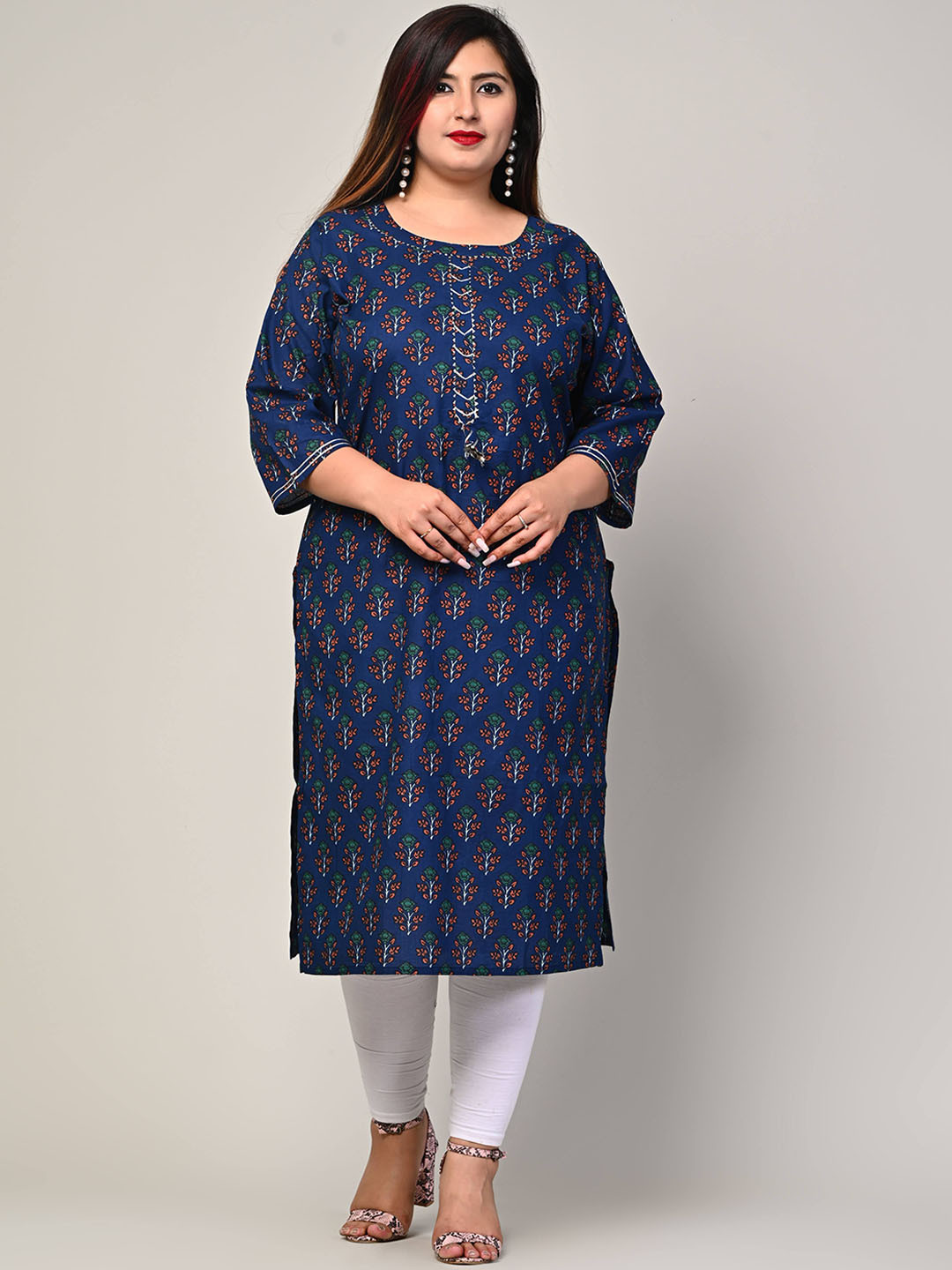Swasti Women Blue Ethnic Motifs Printed Thread Work Floral Kurta