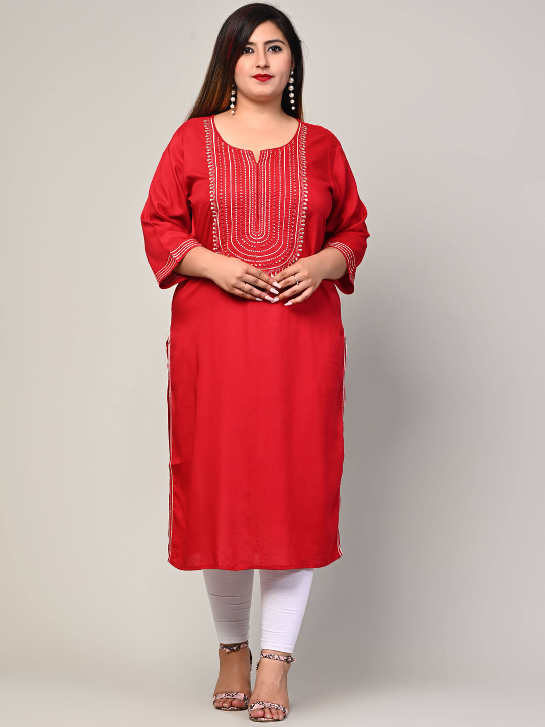 Swasti Women Maroon Geometric Printed Flared Sleeves Mirror Work Floral Kurta