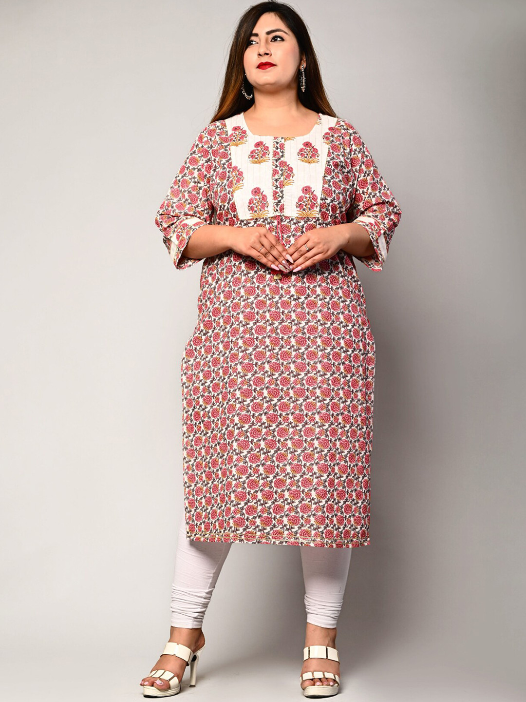Swasti Women White Geometric Printed Floral Pathani Kurta