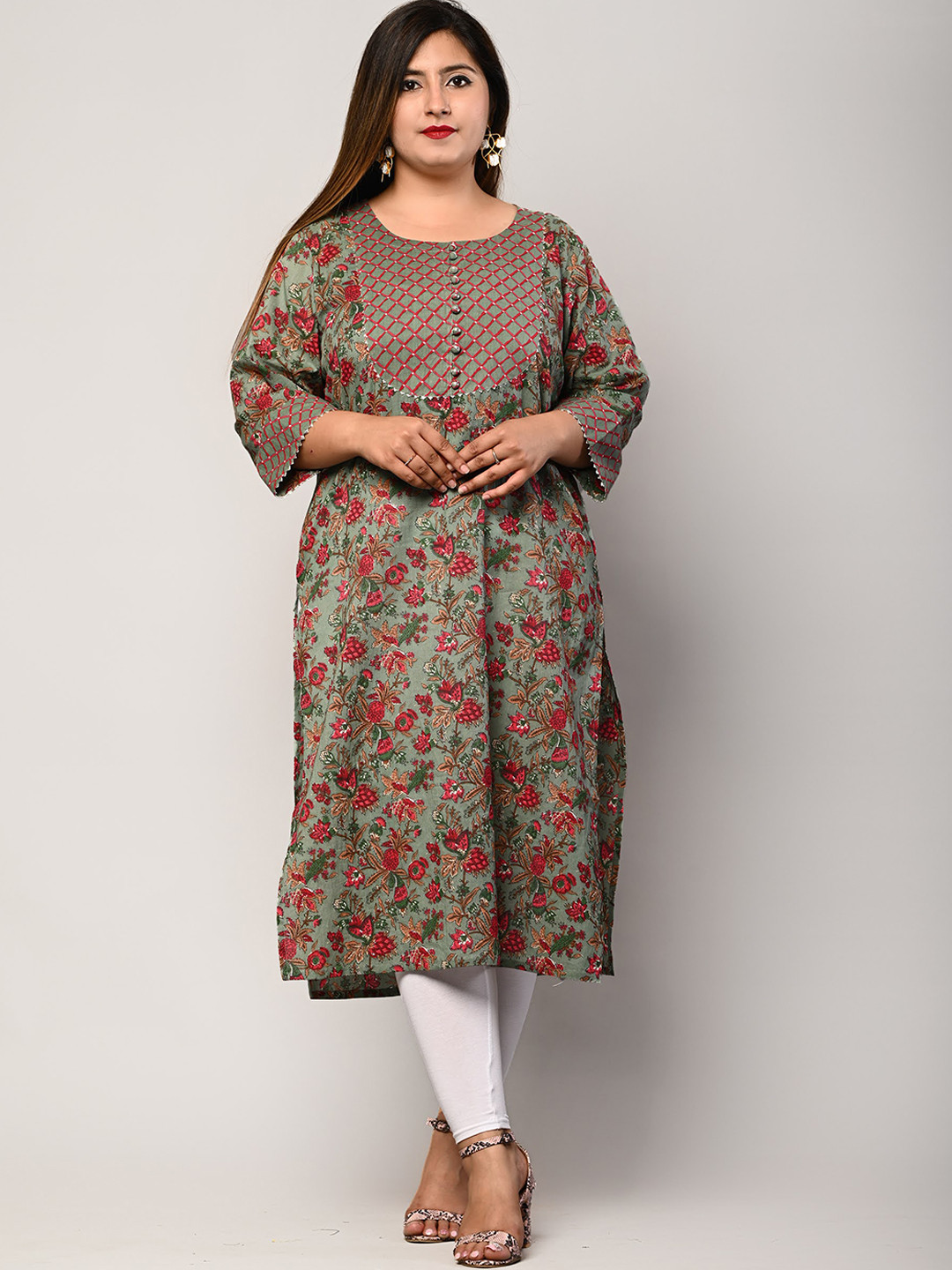 Swasti Women Green Floral Printed Flared Sleeves Floral Kurta