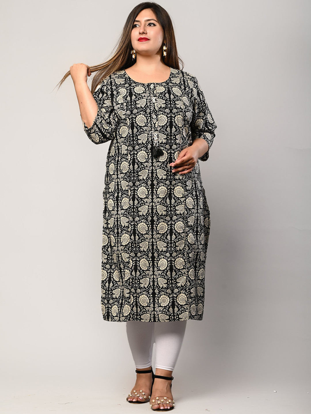Swasti Women Black Ethnic Motifs Printed Flared Sleeves Floral Kurta